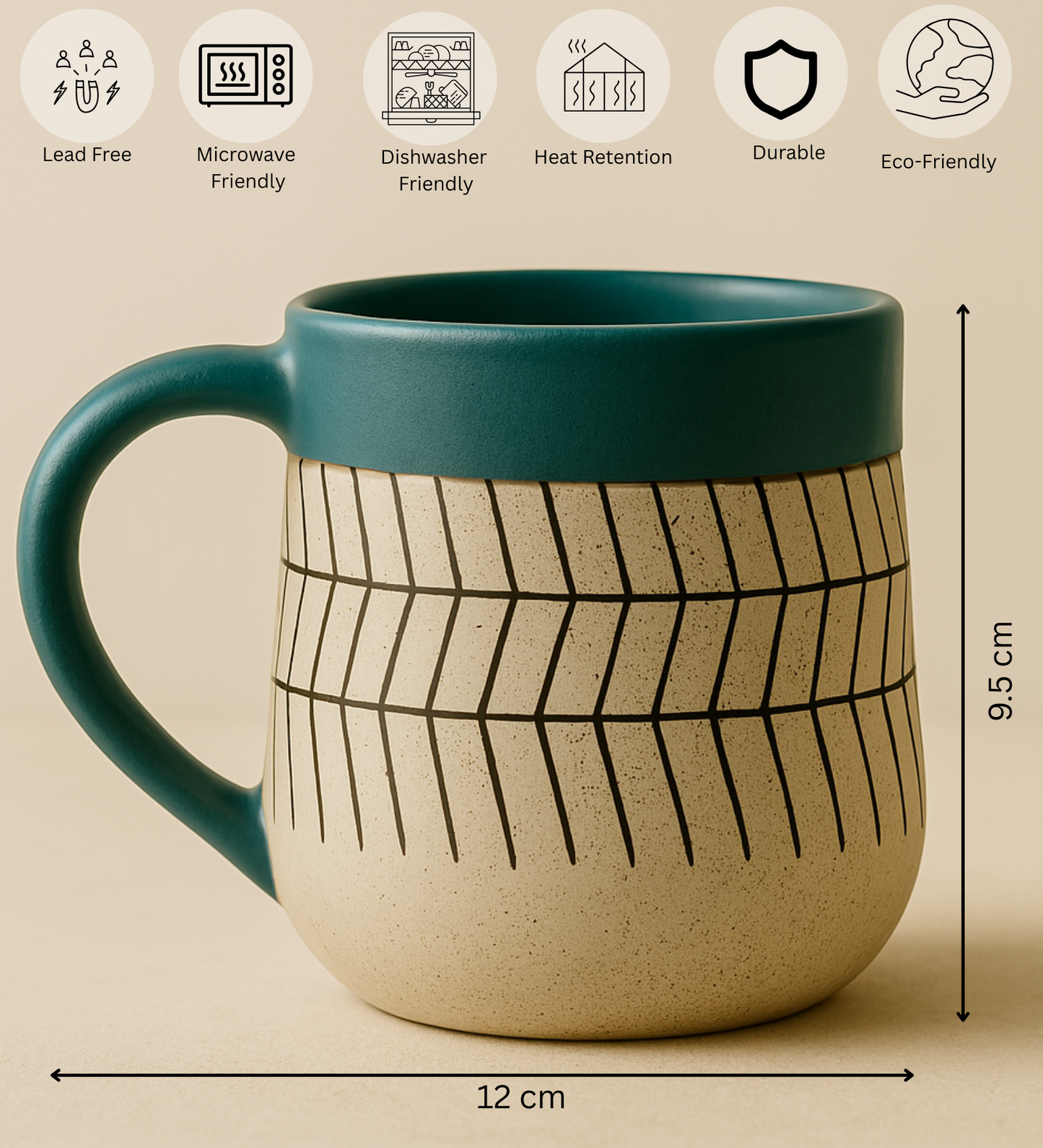 Sierra Stone Ceramic Mugs - Handcrafted Matte Glaze with Teal Rim
