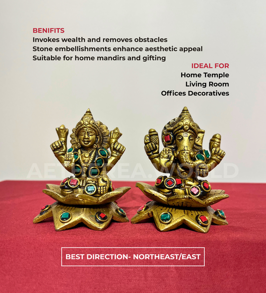 Brass Laxmi Ganesh Idol Set with Stone Finish – 100% Pure Brass