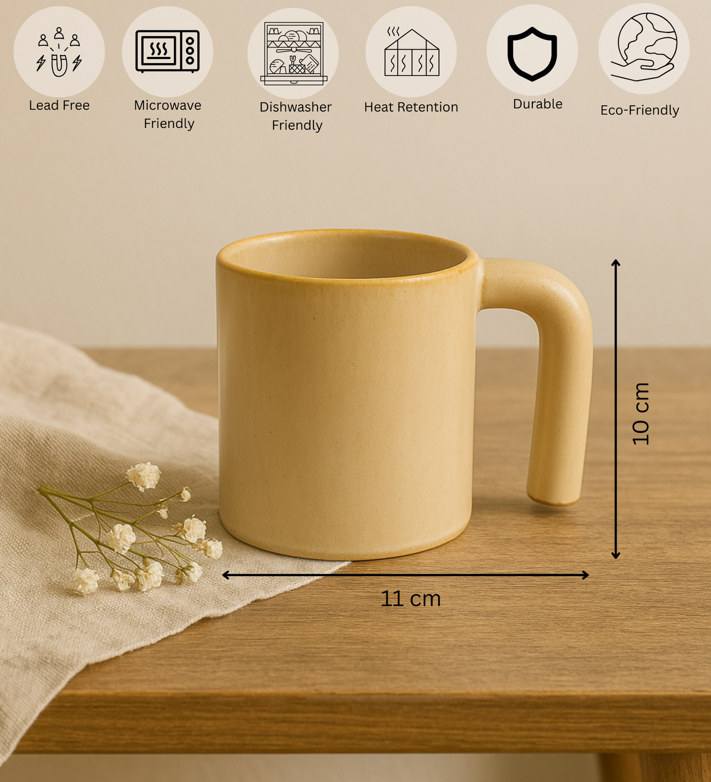 Modern Soleil Mug – Warm Ochre Stoneware with Sculptural Handle