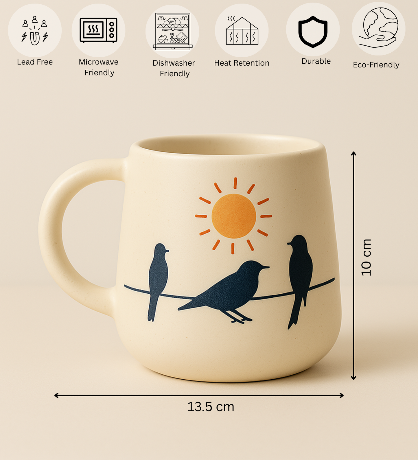 Golden Dawn Mug – Handcrafted Ceramic Mug with Sun & Birds on a Wire Illustration