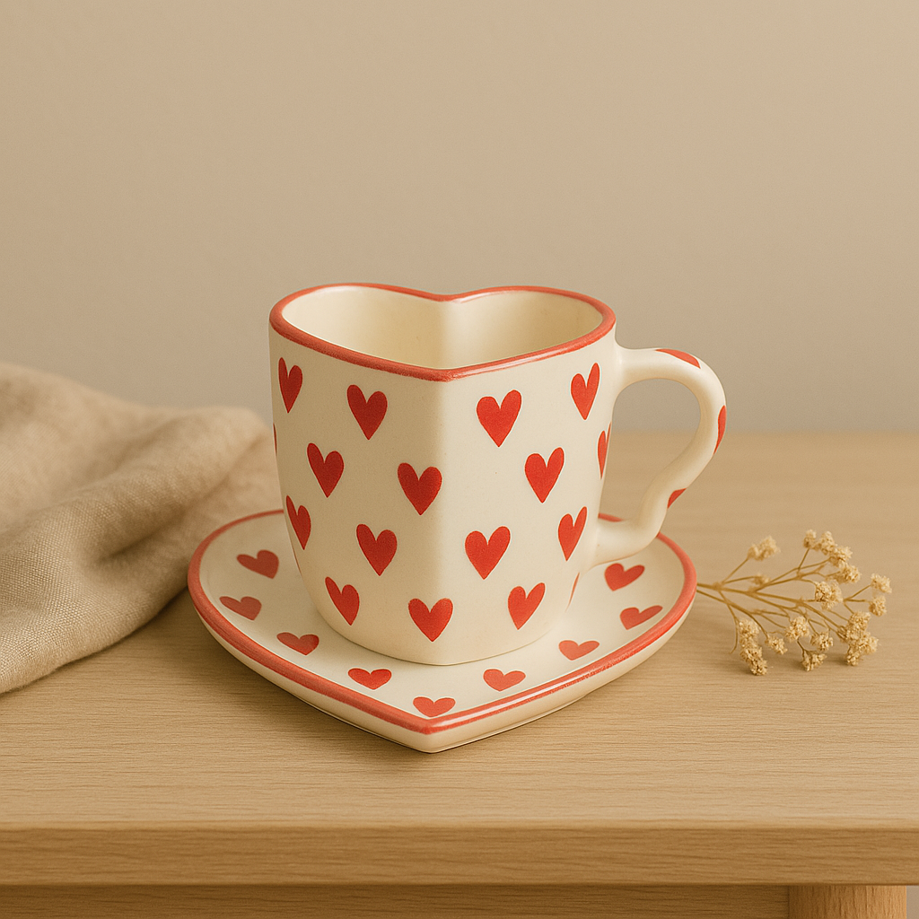Handmade Love Notes Mug & Dish Set – Heart-Shaped Ceramic Gift Duo