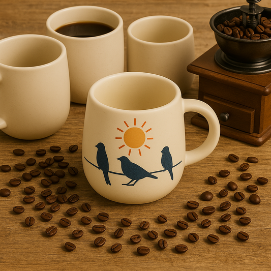 Golden Dawn Mug – Handcrafted Ceramic Mug with Sun & Birds on a Wire Illustration