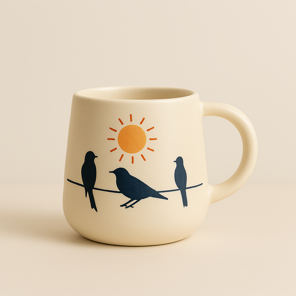 Golden Dawn Mug – Handcrafted Ceramic Mug with Sun & Birds on a Wire Illustration
