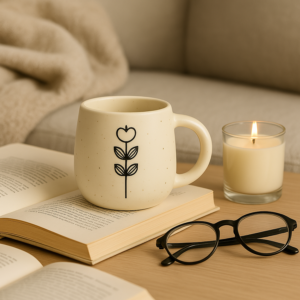 The Stillness Mug – Handcrafted Ceramic with Minimal Botanical Art