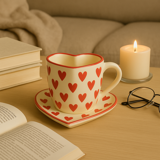 Handmade Love Notes Mug & Dish Set – Heart-Shaped Ceramic Gift Duo