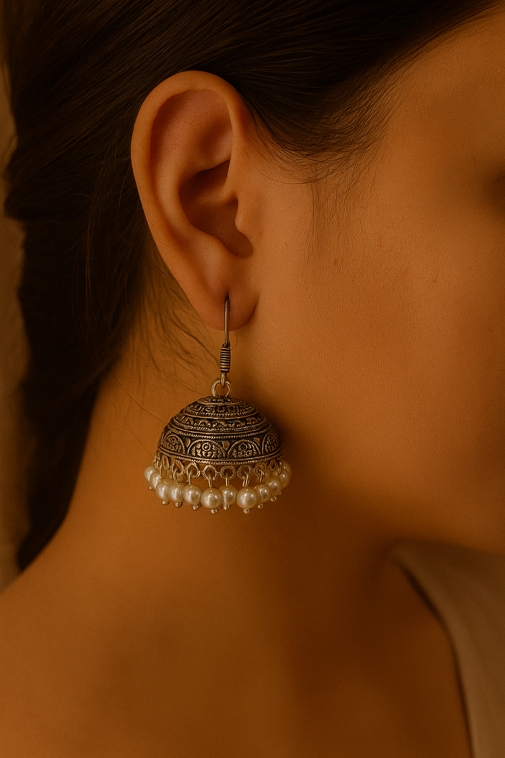Close-up of a person wearing an ornate silver earring with pearls.