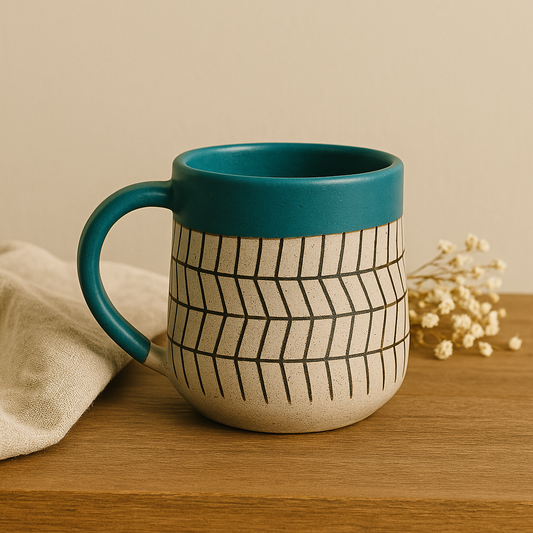 Sierra Stone Ceramic Mugs - Handcrafted Matte Glaze with Teal Rim