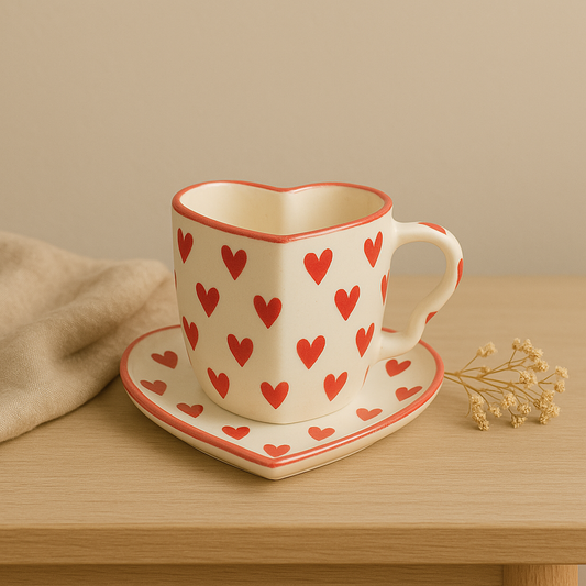 Handmade Love Notes Mug & Dish Set – Heart-Shaped Ceramic Gift Duo