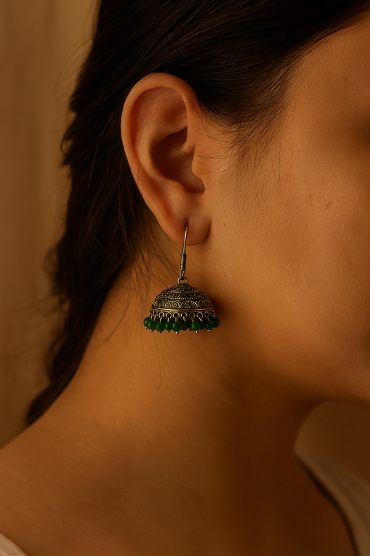 handcrafted-oxidised-jhumka-green-gem-earrings