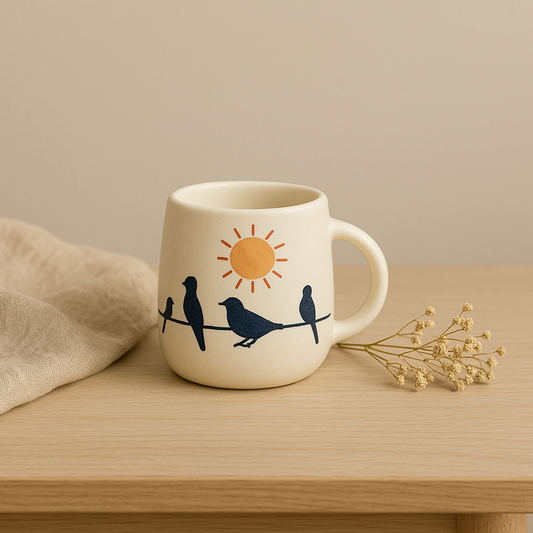 Golden Dawn Mug – Handcrafted Ceramic Mug with Sun & Birds on a Wire Illustration